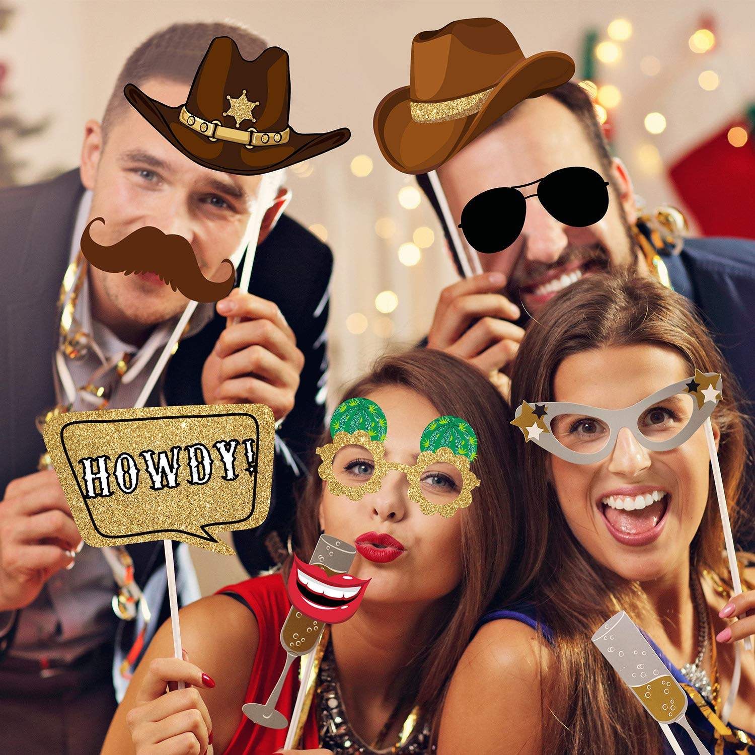 Blulu 26 Pieces West Cowboy Photo Booth Props Kit, Cowgirl Western Party Decorations Selfie Props For Western Cowboy Theme Party